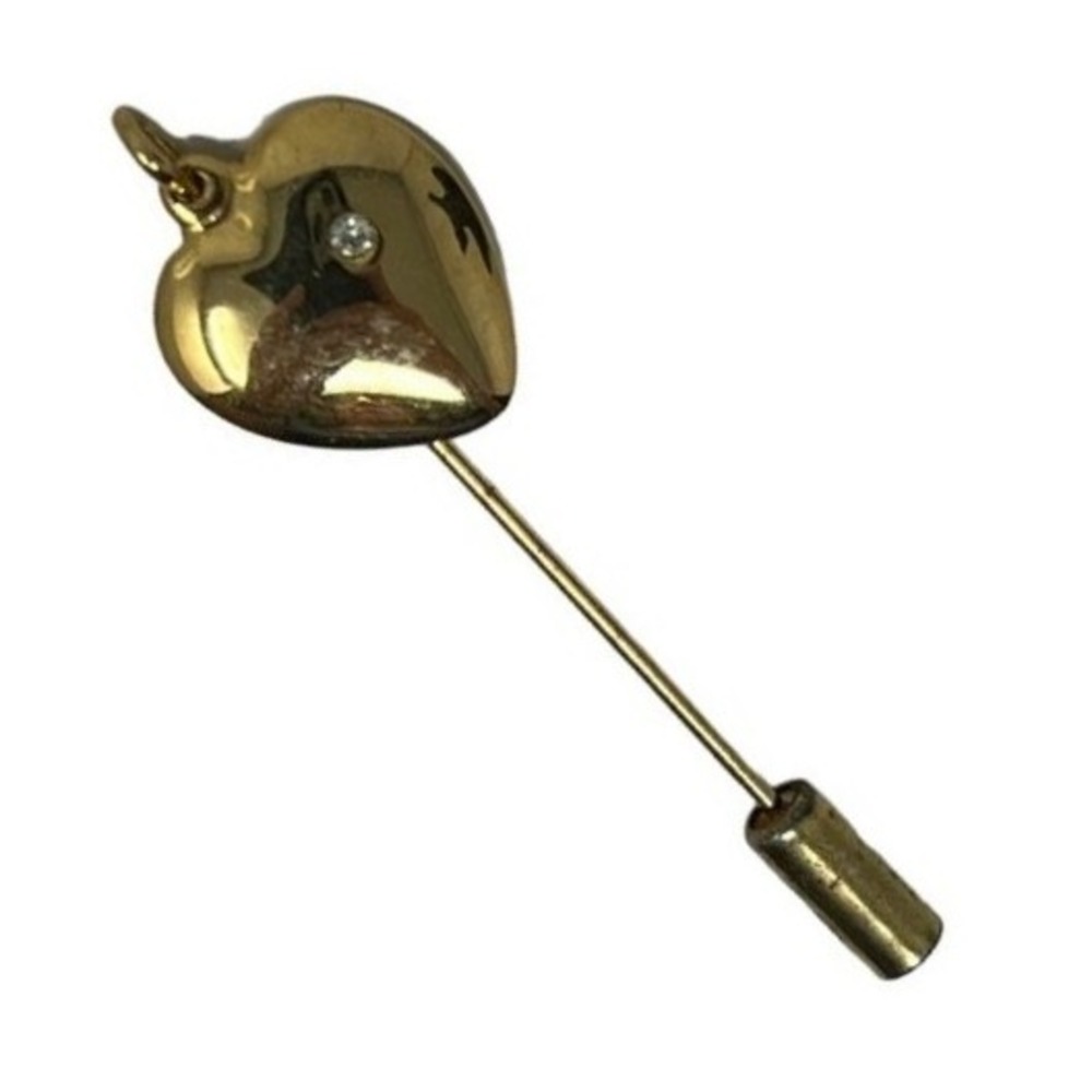 Vintage Napier Heart Stick Pin Puffy Gold Tone Rhinestone Hat Lapel Brooch